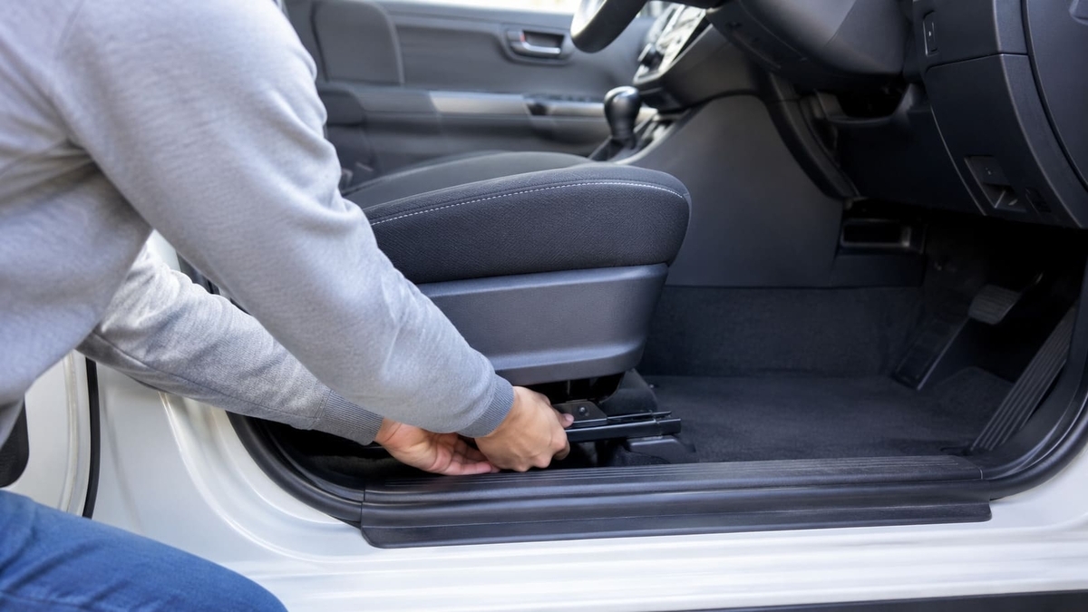 車の座席の下に落とした物を探している様子