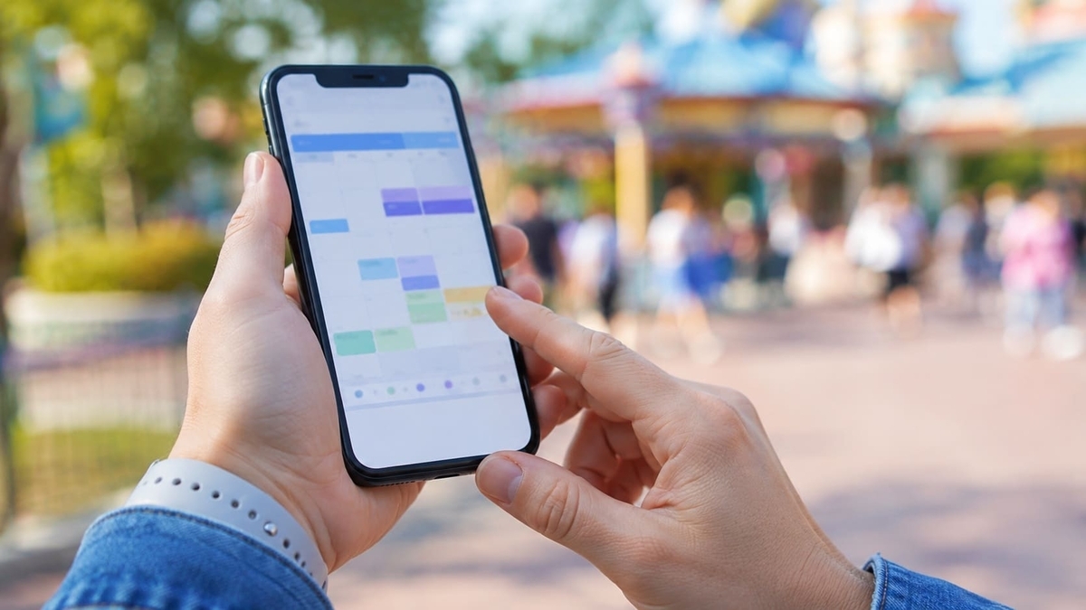 テーマパークを背景にスマホでプライオリティパスの終了日を確認するイメージ