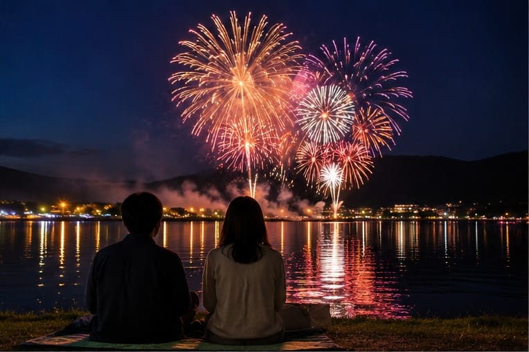 湖畔から湖面に映る花火を見る人の後ろ姿