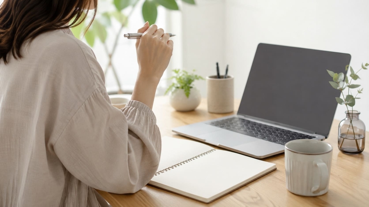自分の考えを言語化できずノートを前に考える女性