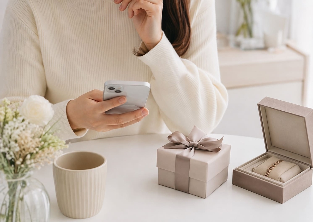 恋人に指定された誕生日プレゼントを前にスマホを見て悩む女性