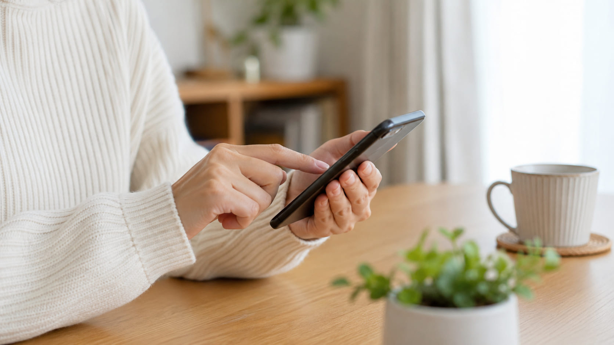 地震を気遣うメールへの返信をスマホで入力する女性の手元