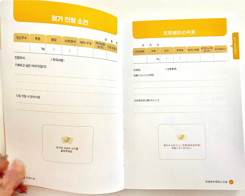 母子手帳の定期妊婦検診を記録するページの写真(日本語併記あり)