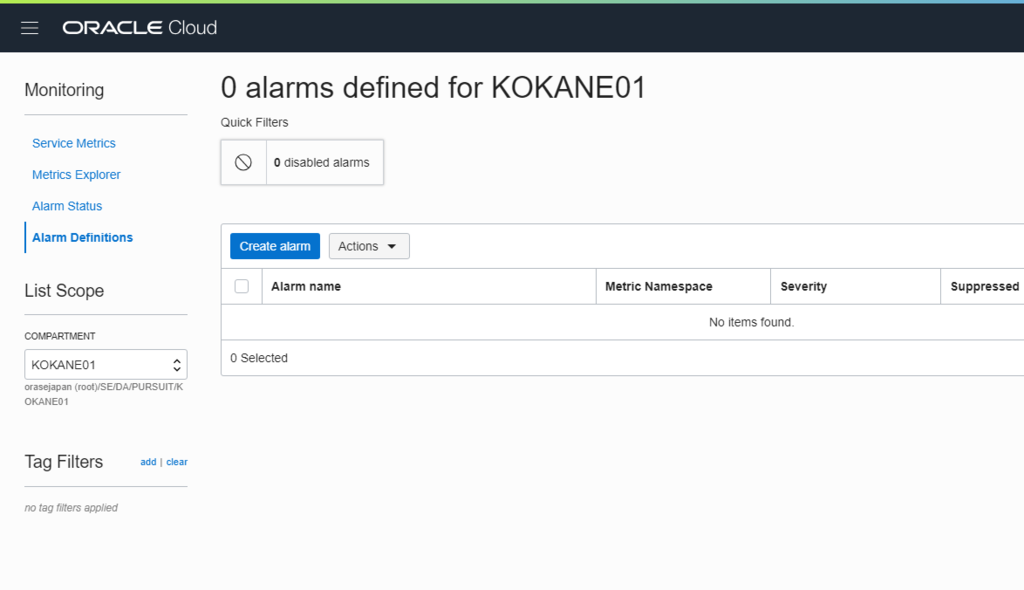 Create Alarm により Alarm 作成