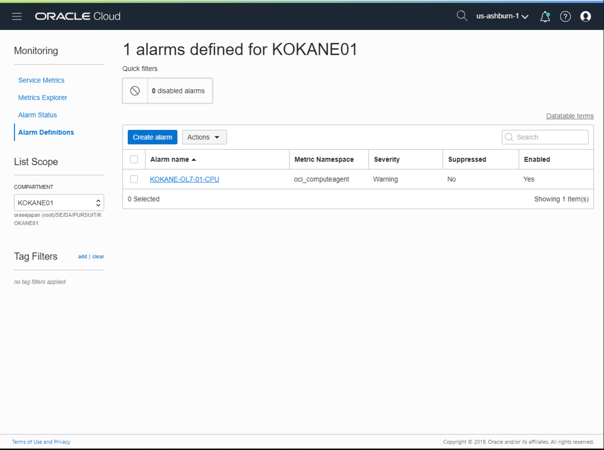 OCI の Alarm Definitions