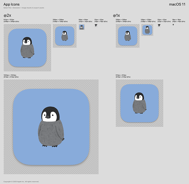"Photoshopアプリでの作業が完成した画面。512px, 256px, 128pxは全身が入っているアイコンで、32pxでは上半身だけ、16pxになるともう目と鼻しか入らない。"