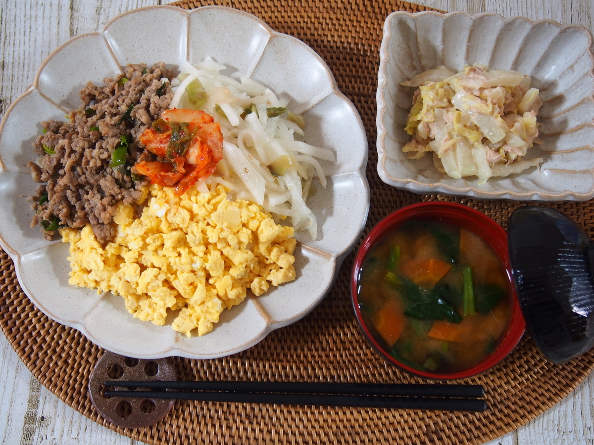 作り置き活用 簡単ひとり分献立 ネギと豚そぼろの彩りごはん 白菜と厚揚げの卵とじ レンジで簡単 チンゲン菜と豚そぼろの中華風 Kaboの家時間
