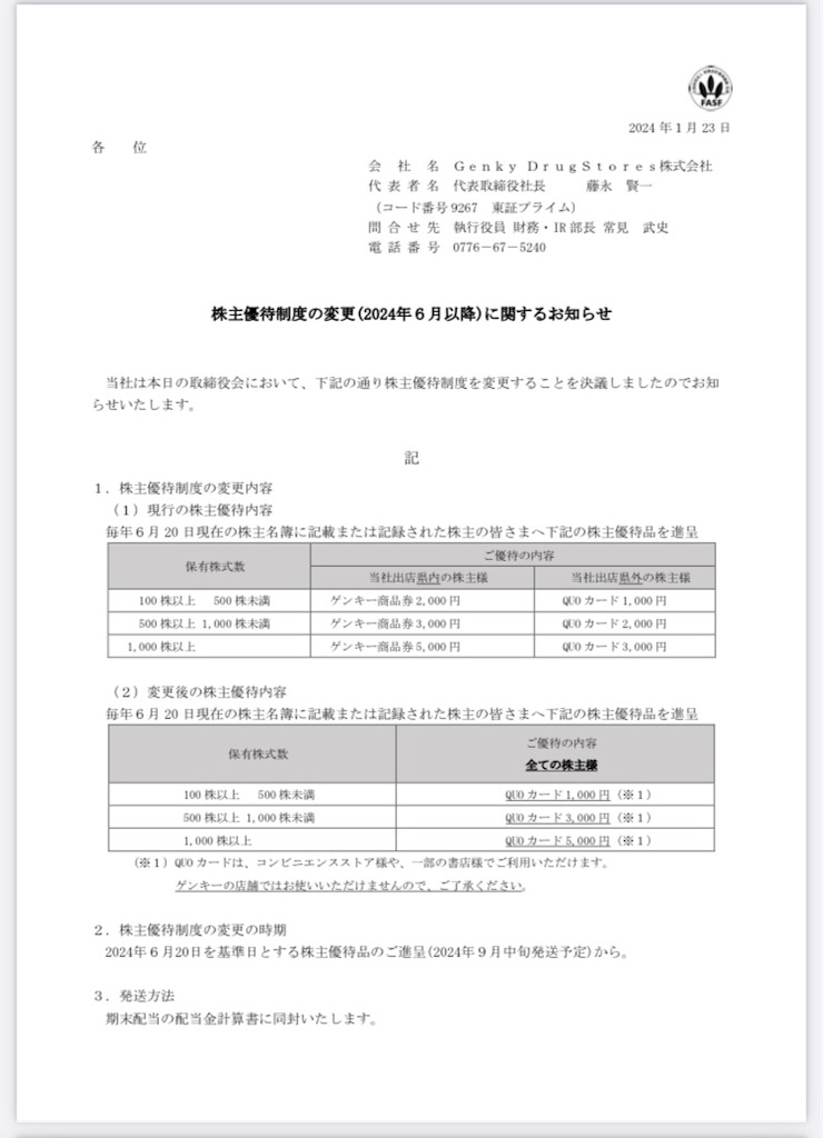 ゲンキードラッグ株主優待 改悪変更〜偽造券に伴う対応、商品券廃止