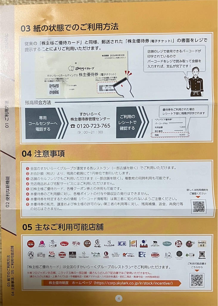 すかいらーく株主優待（2025年9月到着分）カード廃止で電子チケットの