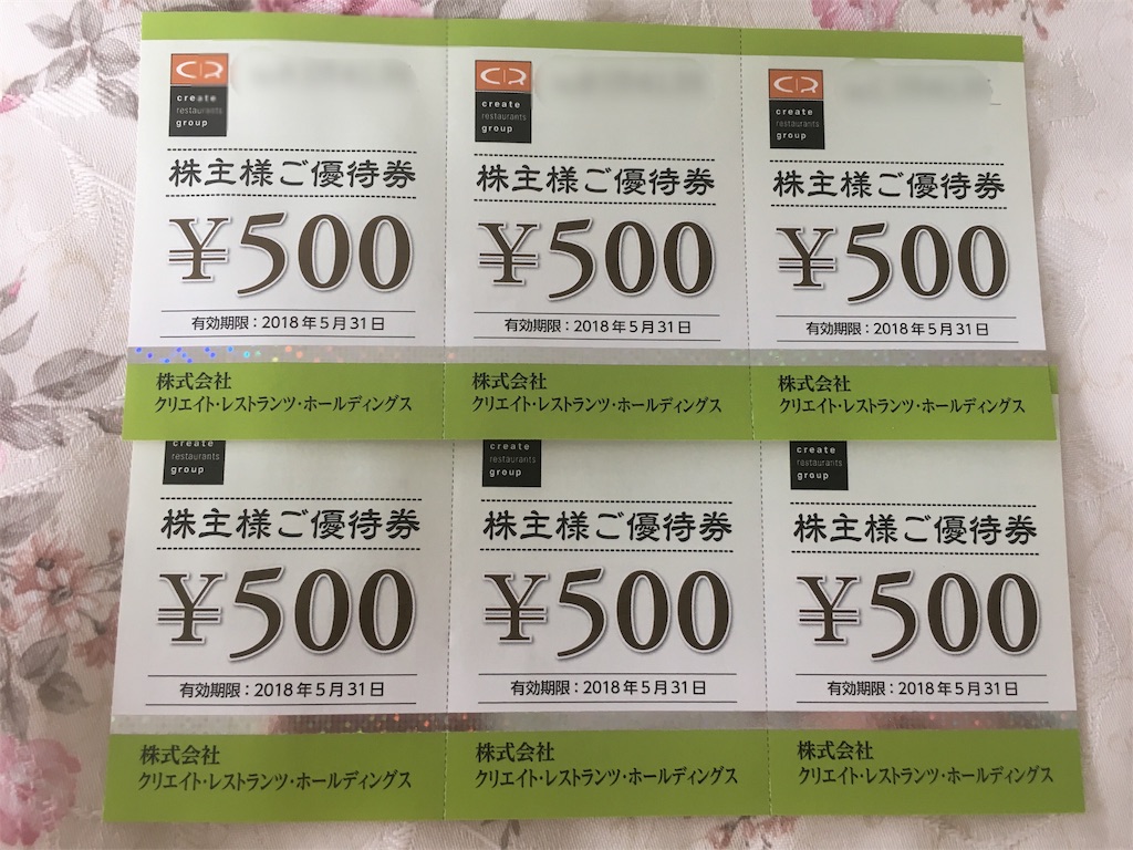 クリエイトレストランツホールディングス(3387)から優待が到着:3000円分のお食事券 - 半値八掛け二割引