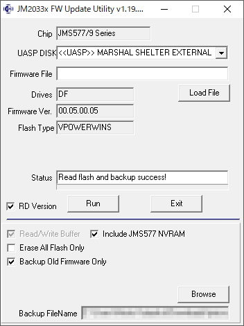 f:id:kachine:20181212075652p:plain FwUpdateTool_v1_19_16_24.exe ファームウェアのバックアップ成功画面