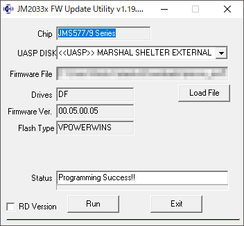 f:id:kachine:20181212080234p:plain FwUpdateTool_v1_19_16_24.exe ファームウェアの書き込み成功画面