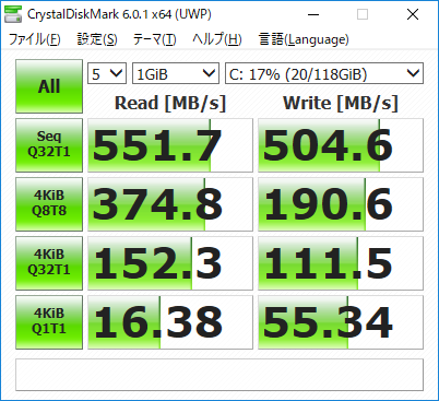 CrystalDiskMark result TOSHIBA THNSNJ128GMCT(換装前)