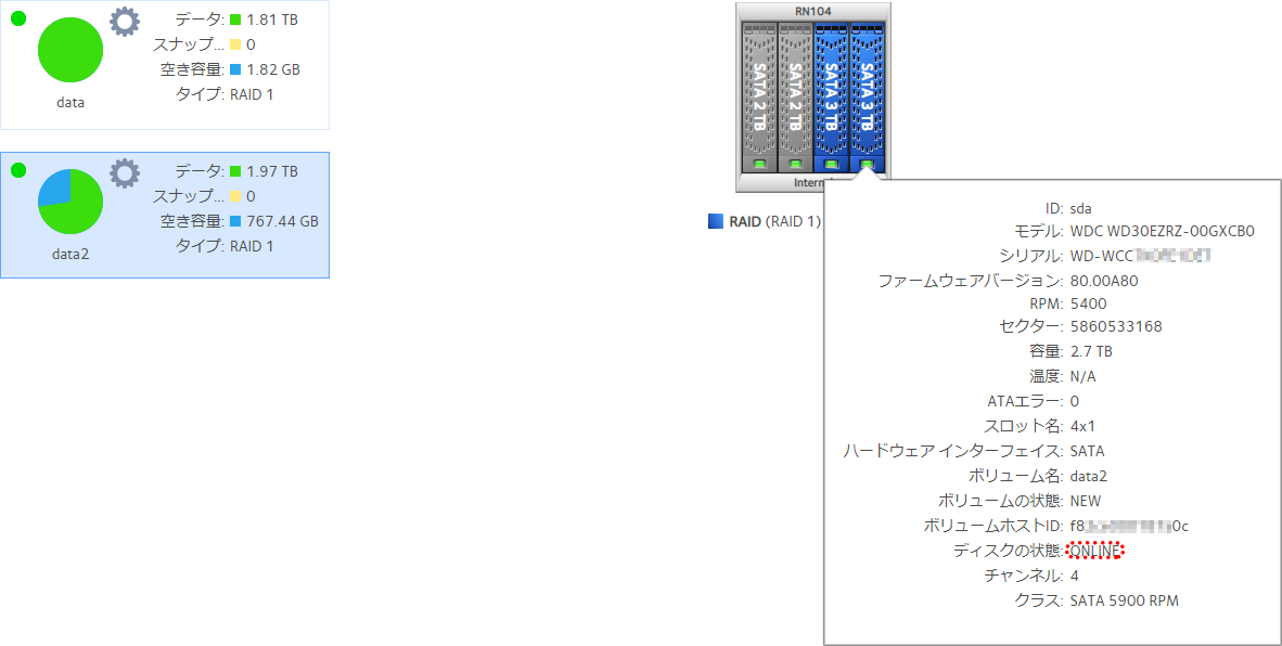 RAID再構築完了後のHDDの状態表示