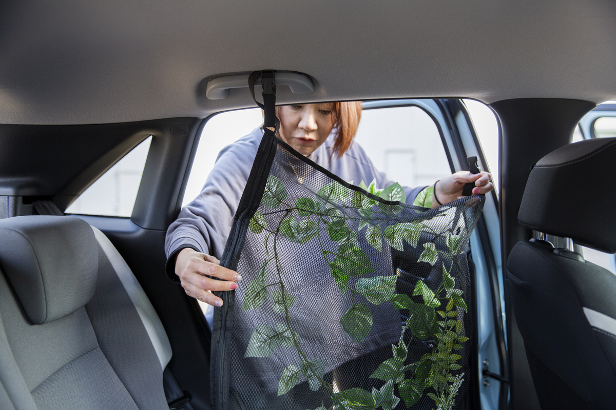 グリーンを巻き付けた「車用カーゴネット ポケット付き」