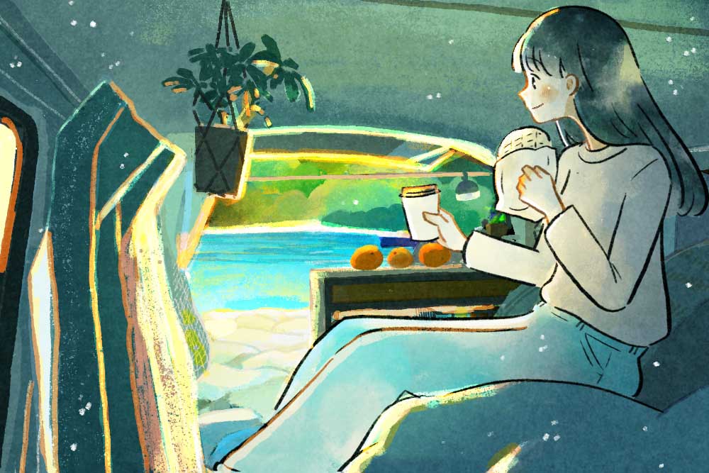 車内でコーヒーとパンでひと休みするいとうさん