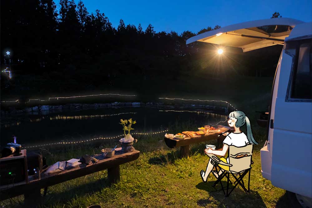 池の淵に光る、イルミネーション