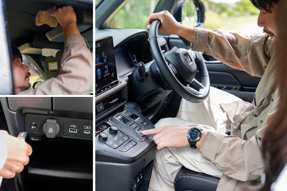 帽子や箱ティッシュまで収納できる大型ルーフコンソールと、USB PDチャージャー