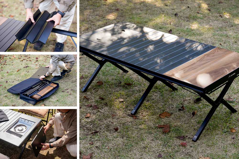 ウッドパネルテーブル120は無垢のウォルナットとアルミパネルの天板が特徴