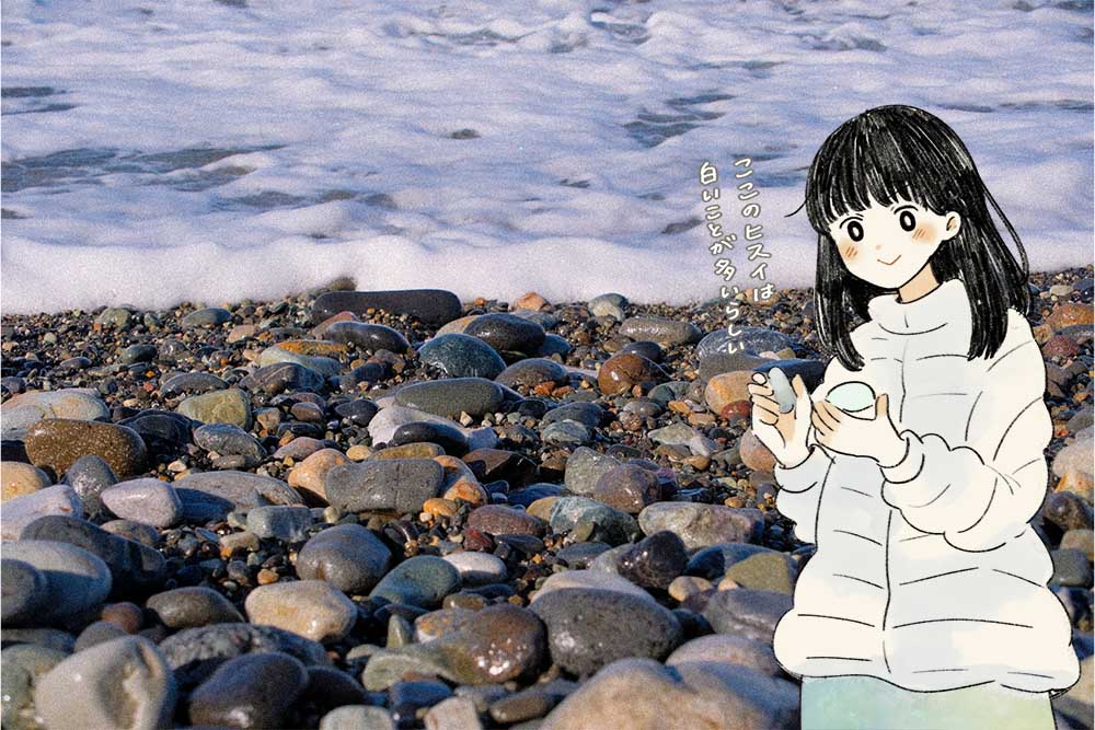 ラベンダービーチに並ぶさまざまな種類の小石