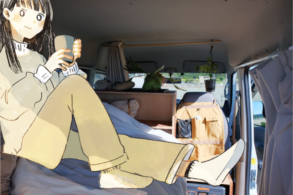 車内で一息つくいとうさん