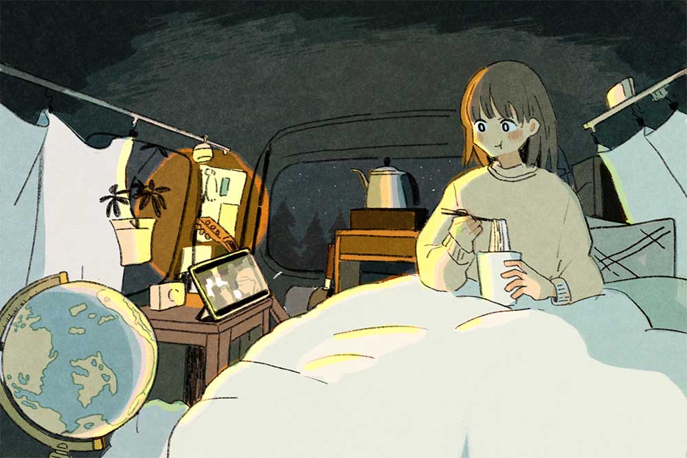 白くまの車内でカップ麺を食べるいとうさん