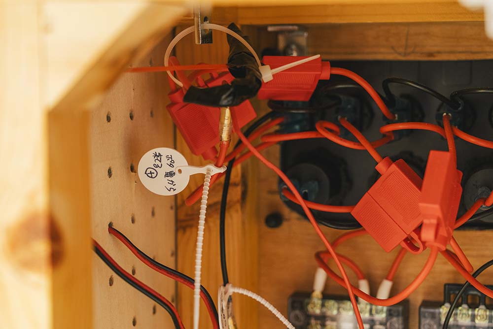 張り巡らされた配線にメモがタグ付けされている様子