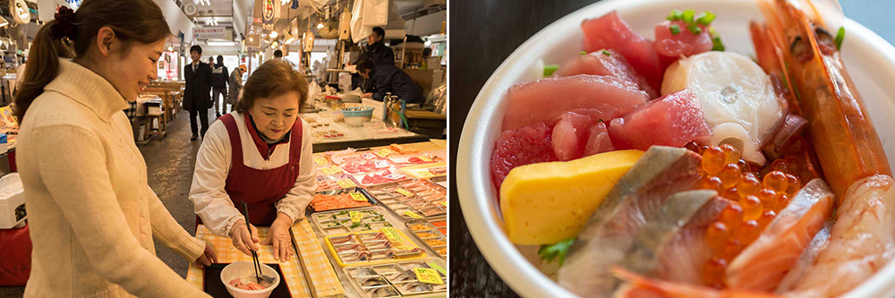 古川市場の青森魚菜センターの風景とのっけ丼