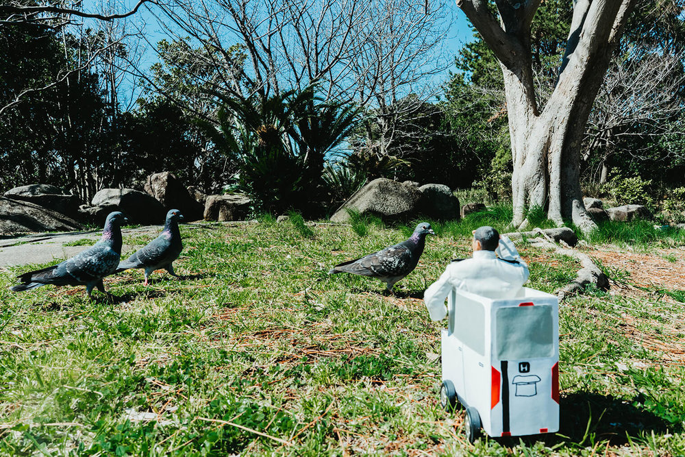 ミフネカーに乗ってニコラスを探すミフネさん