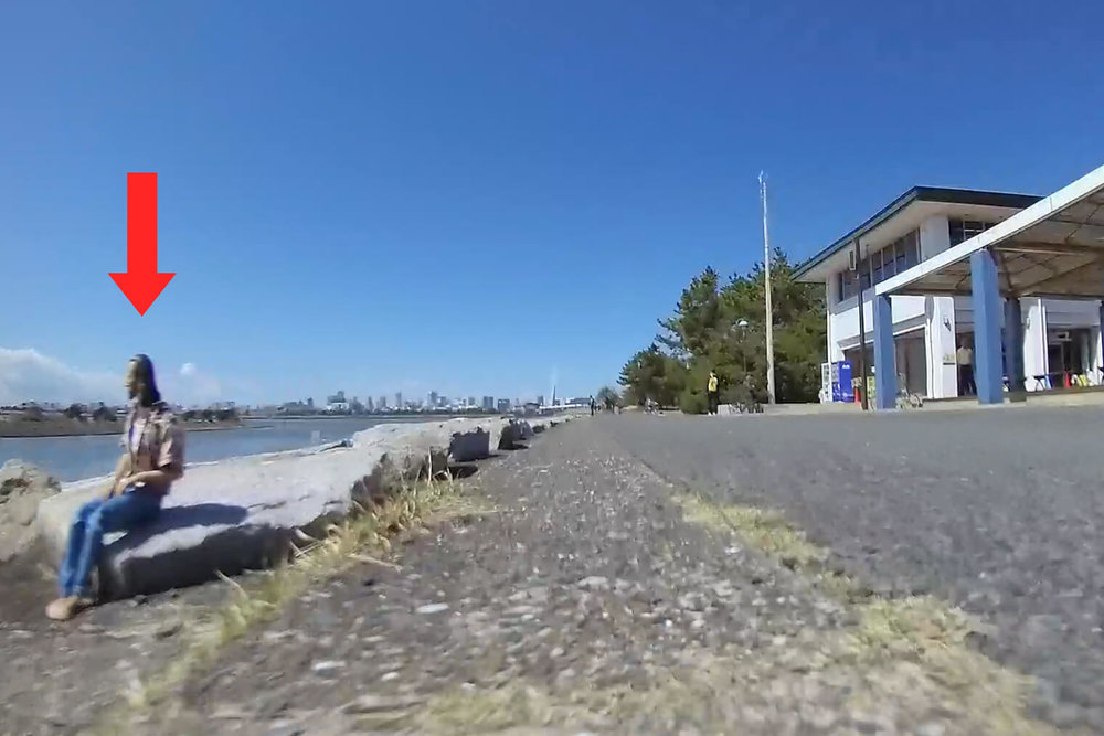 石に座って海を見ているニコラスの姿が映っている