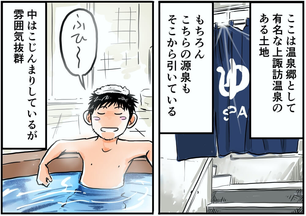 ここは温泉郷として有名な上諏訪温泉のある土地。もちろん源泉もそこから引いている。中はこじんまりしているが雰囲気抜群
