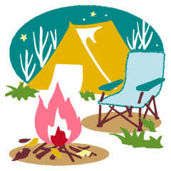 07 ラブちゃん占い2020年12月冬。占い師Love Me Doさん（ラブちゃん）の九星術占い「2020年冬の運勢」。六白金星の開運アイテム、開運アクション。キャンプ場で焚き火をするイラスト