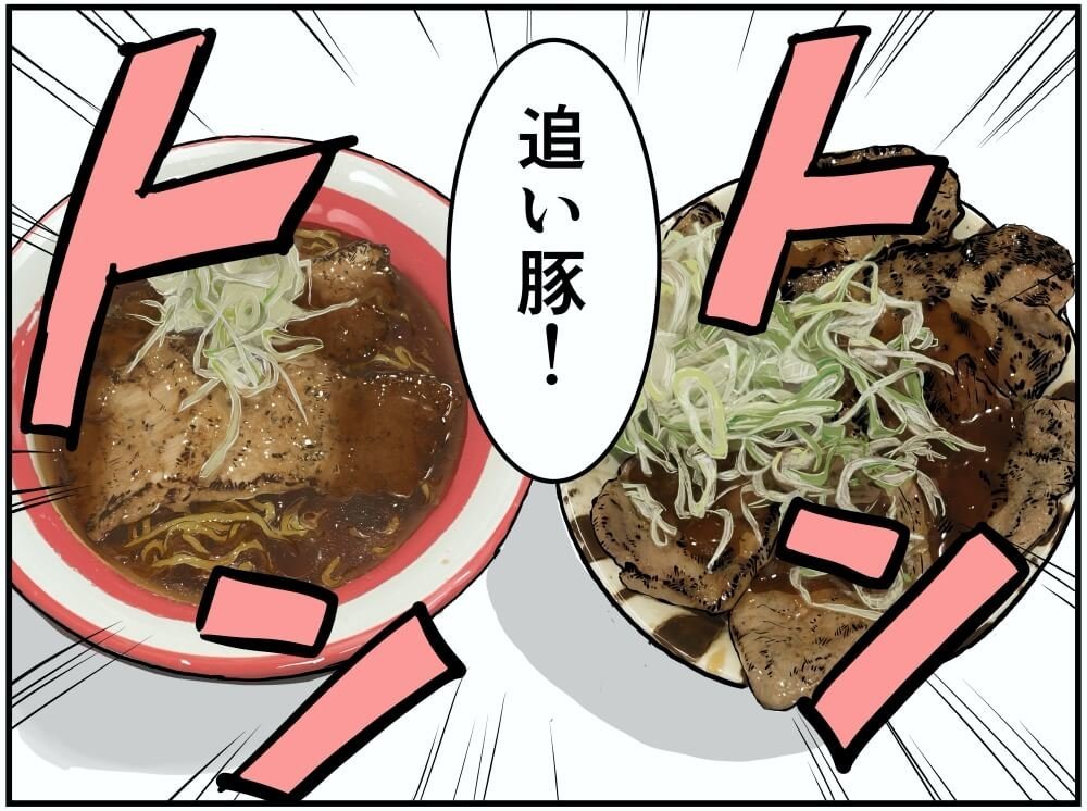 上里SA（上り）にあるらーめん那の福・炙り豚醤油ラーメンと上州ぽ〜く亭の溶岩焼きロース・バラ豚丼のイラスト