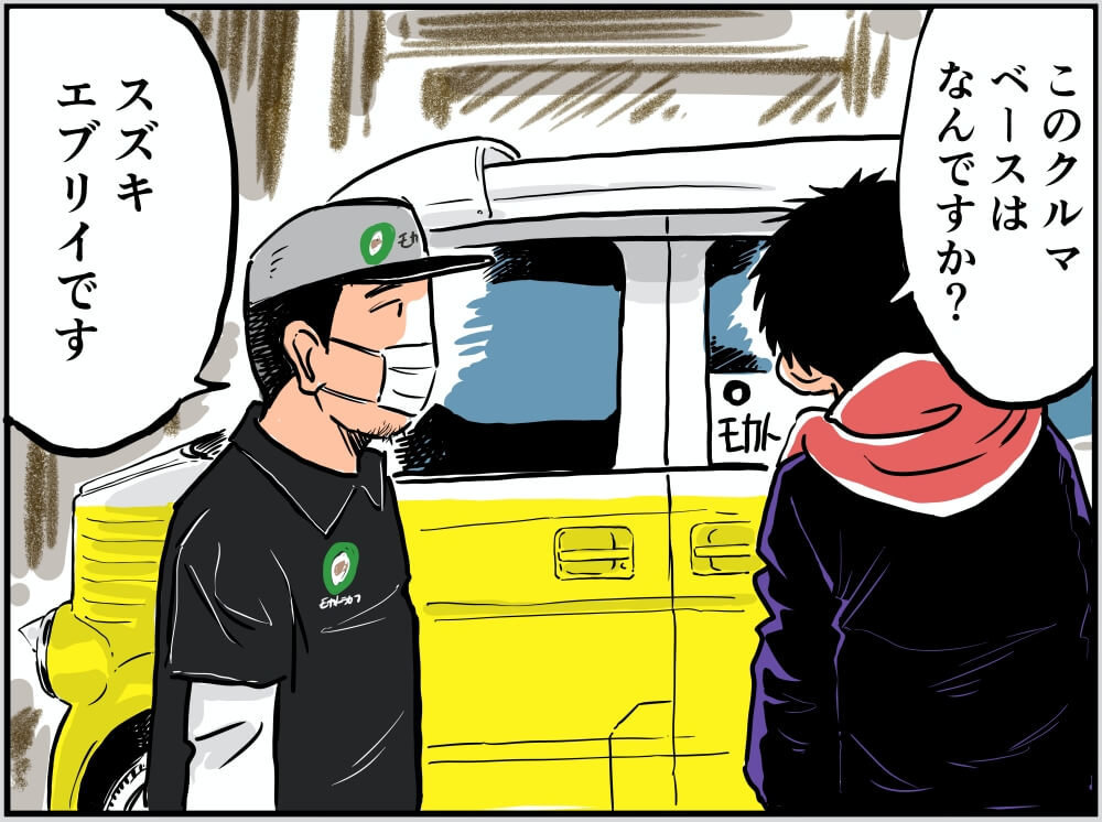 カスタムされたスズキ・エブリイについて語る車中泊漫画家・井上いちろうさんとモカトラカフェ・店長の渡邉さんのイラスト