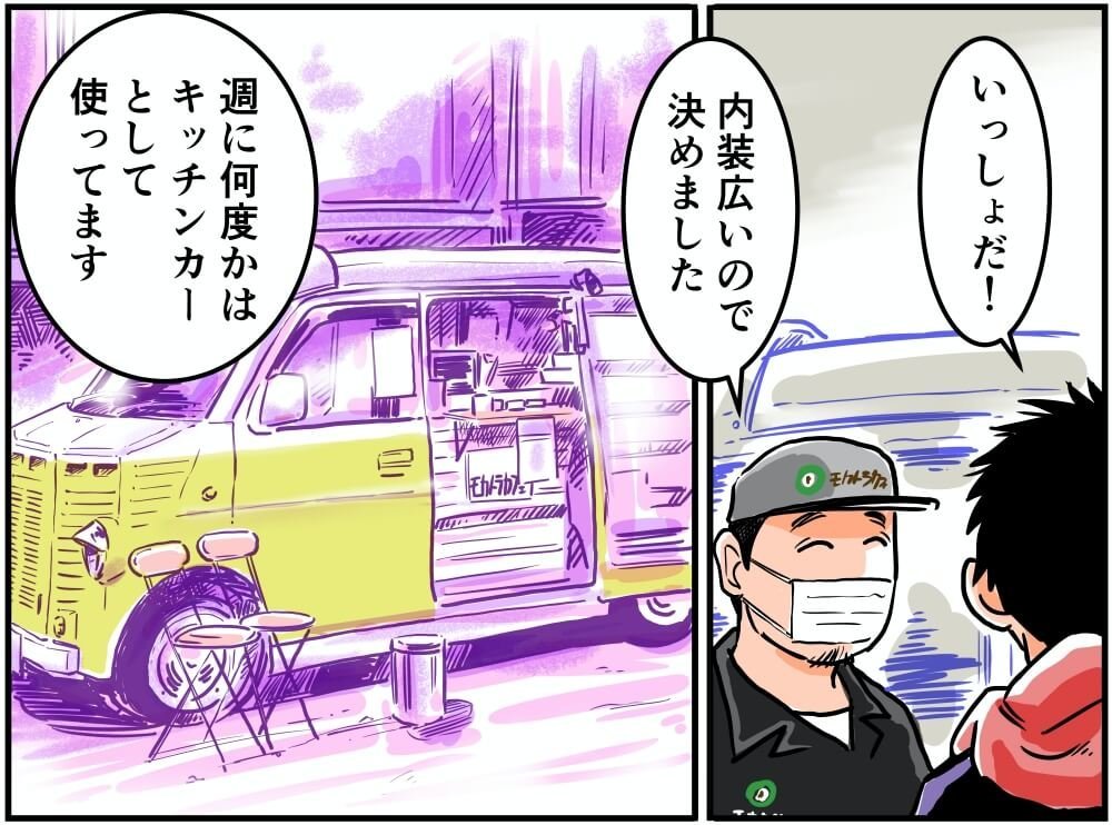 キッチンカーについて語る車中泊漫画家・井上いちろうさんとモカトラカフェ・店長の渡邉さんのイラスト