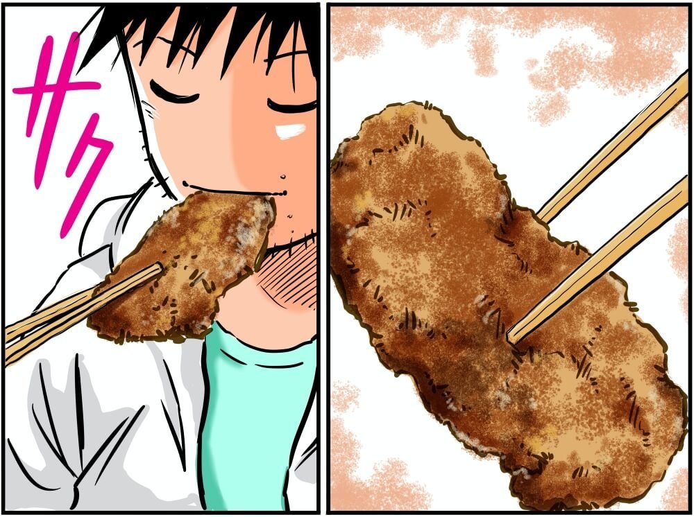 まんぷく食堂豚屋のタレカツ丼を食べる車中泊漫画家・井上いちろうさんのイラスト