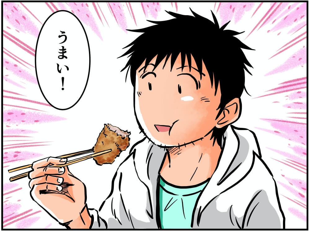 まんぷく食堂豚屋のタレカツ丼を食べる車中泊漫画家・井上いちろうさんのイラスト