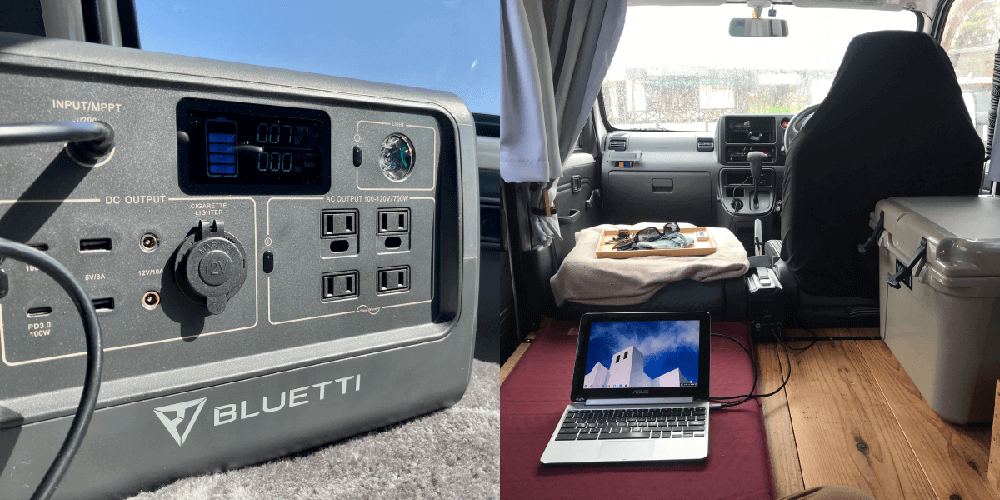 ポータブル電源「BLUETTI（ブルーティ） EB70」を車内で使っているところ