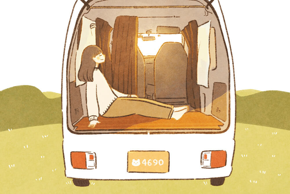 愛車「白くま」のカスタムを考えるいとうみゆきさんのイラスト