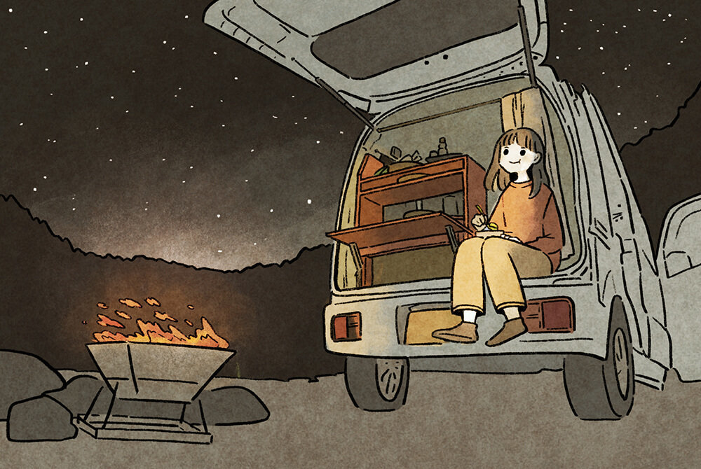 軽バンの荷室に座って星を見上げるいとうみゆきさんのイラスト