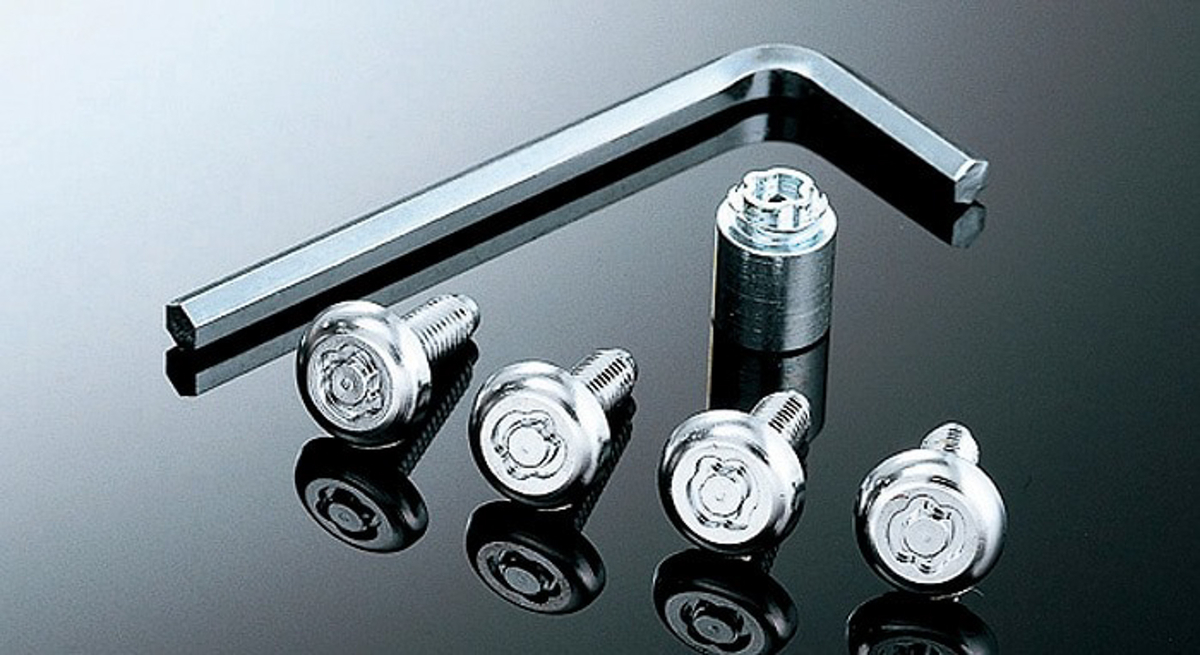ナンバープレートを盗難から防ぐためのナンバープレートロックボルト。製品自体のルックスもいいのでドレスアップ要素もあります