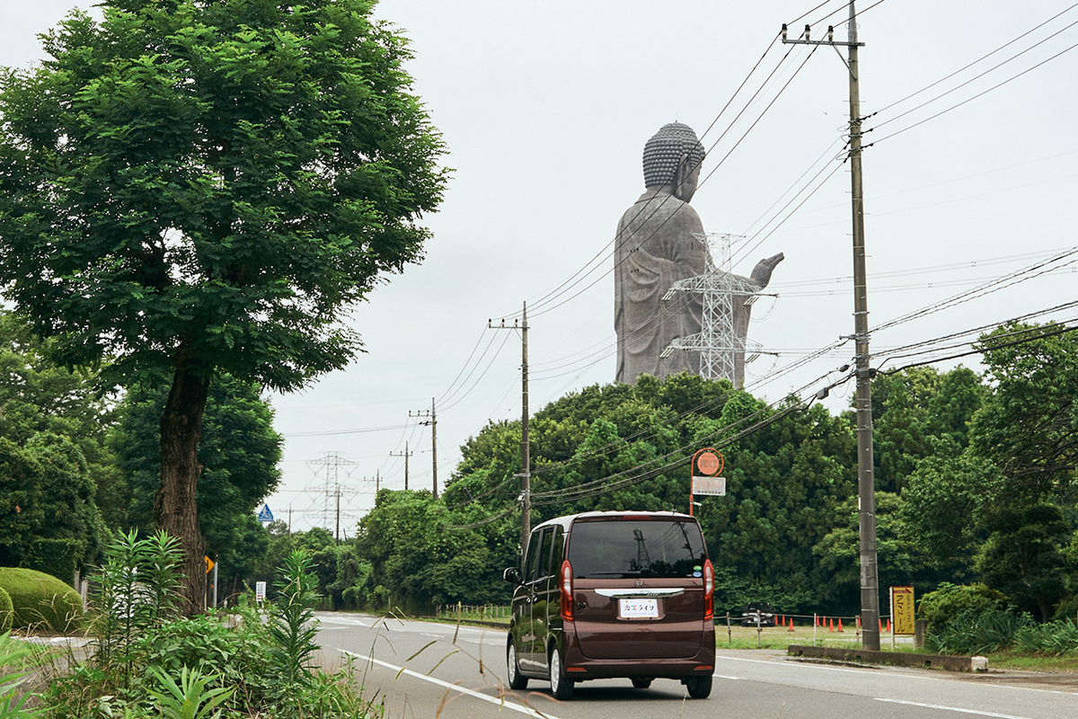 牛久大仏の後ろ姿をドライブしながら眺める