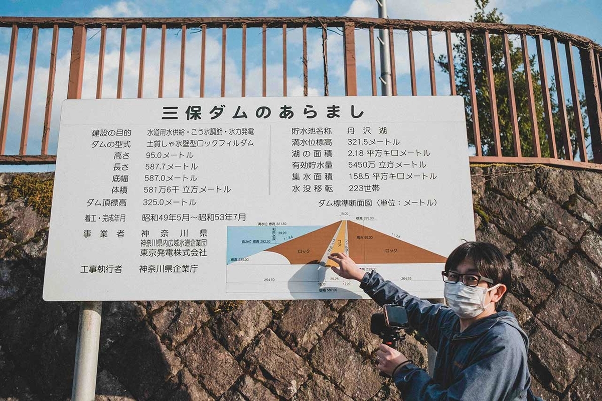 美保ダムの構造の説明をしてくれている萩原雅紀さん写真