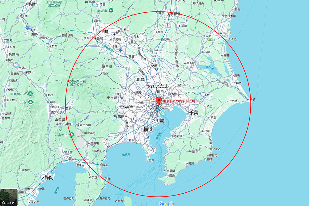 東京駅を中心に100kmのサークルを日本地図上に描いた画像
