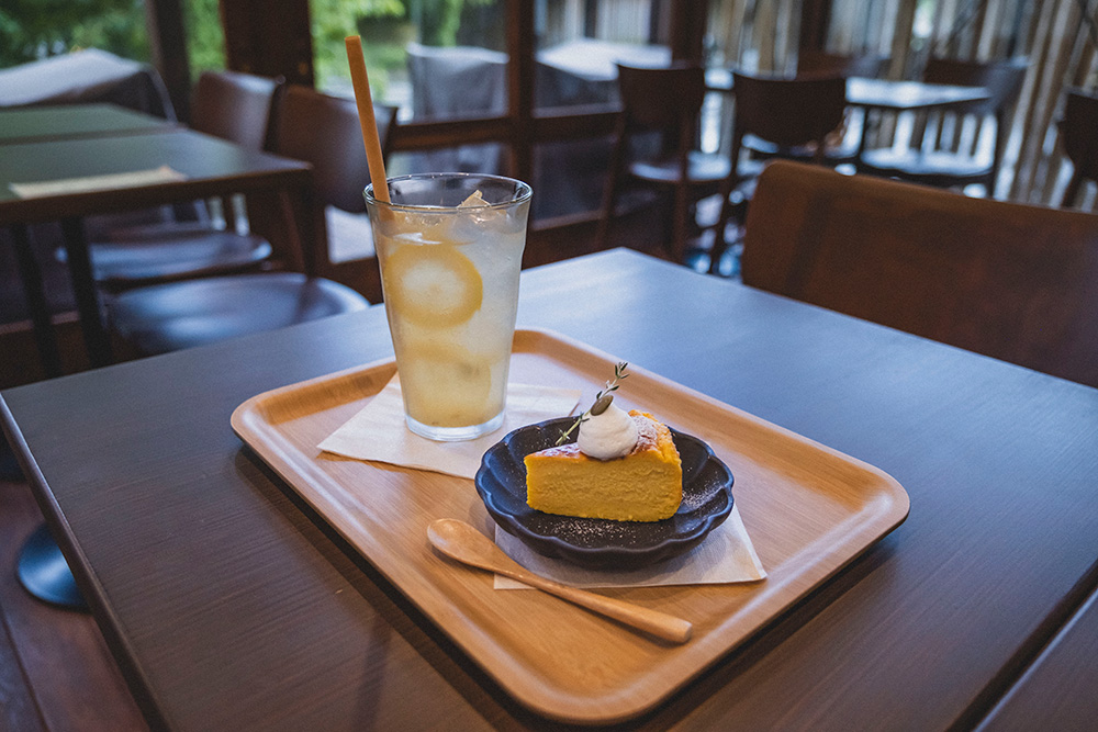 若竹の杜 Cafe & Restaurant で注文した自家製レモネードソーダと、今日の日替わりデザートかぼちゃのケーキ