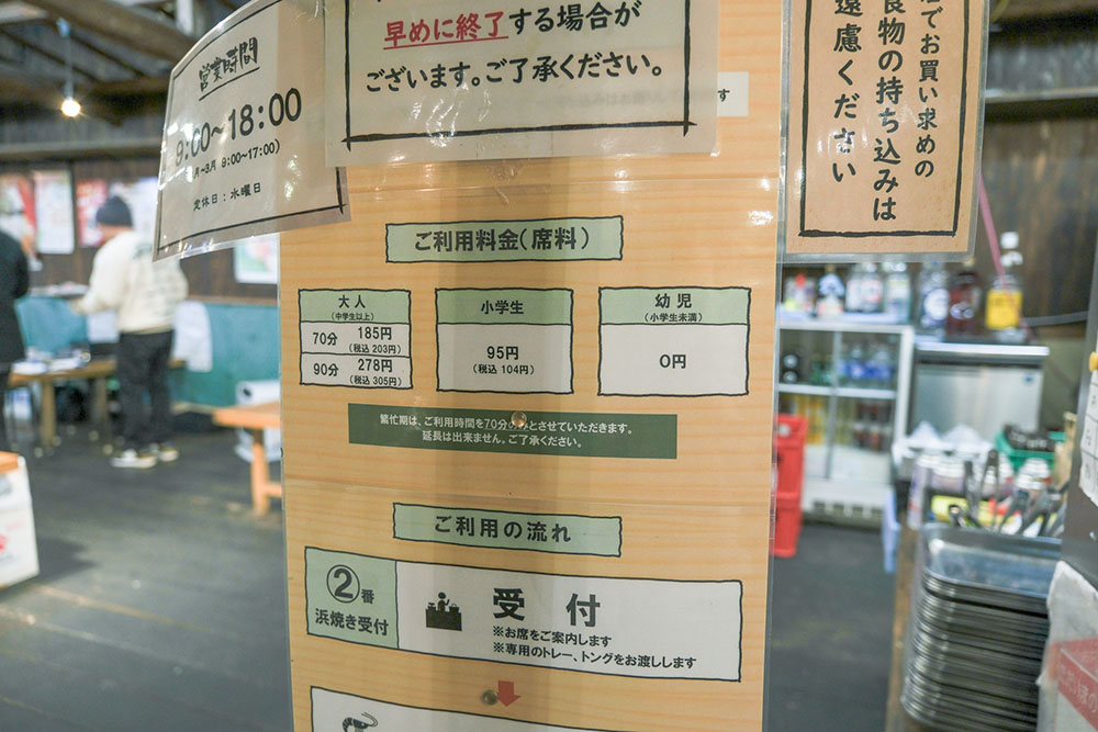 浜焼きの利用料金の看板