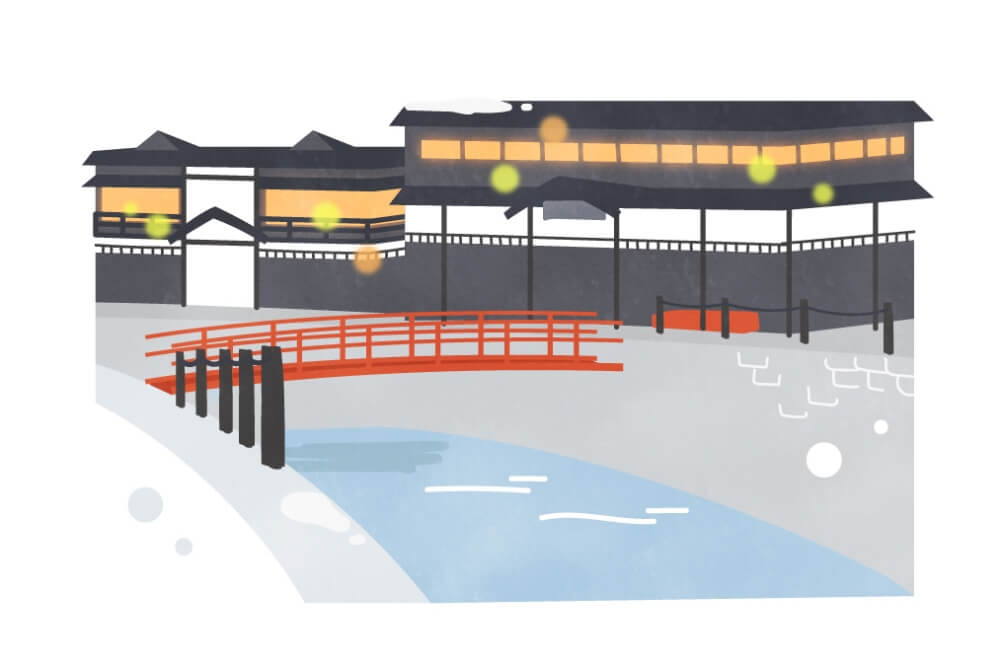 華やかな温泉街のイラスト