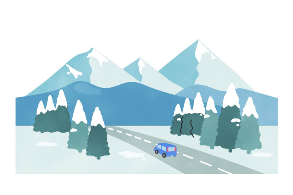 雪山の中をドライブするイラスト