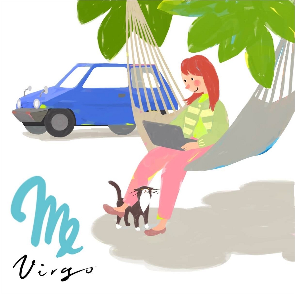 2025年7月の乙女座の運勢、7月の乙女座の占い。恋愛運、仕事運アップ。乙女座のイラスト。車で好きな場所に出かけてワーケーションする女性