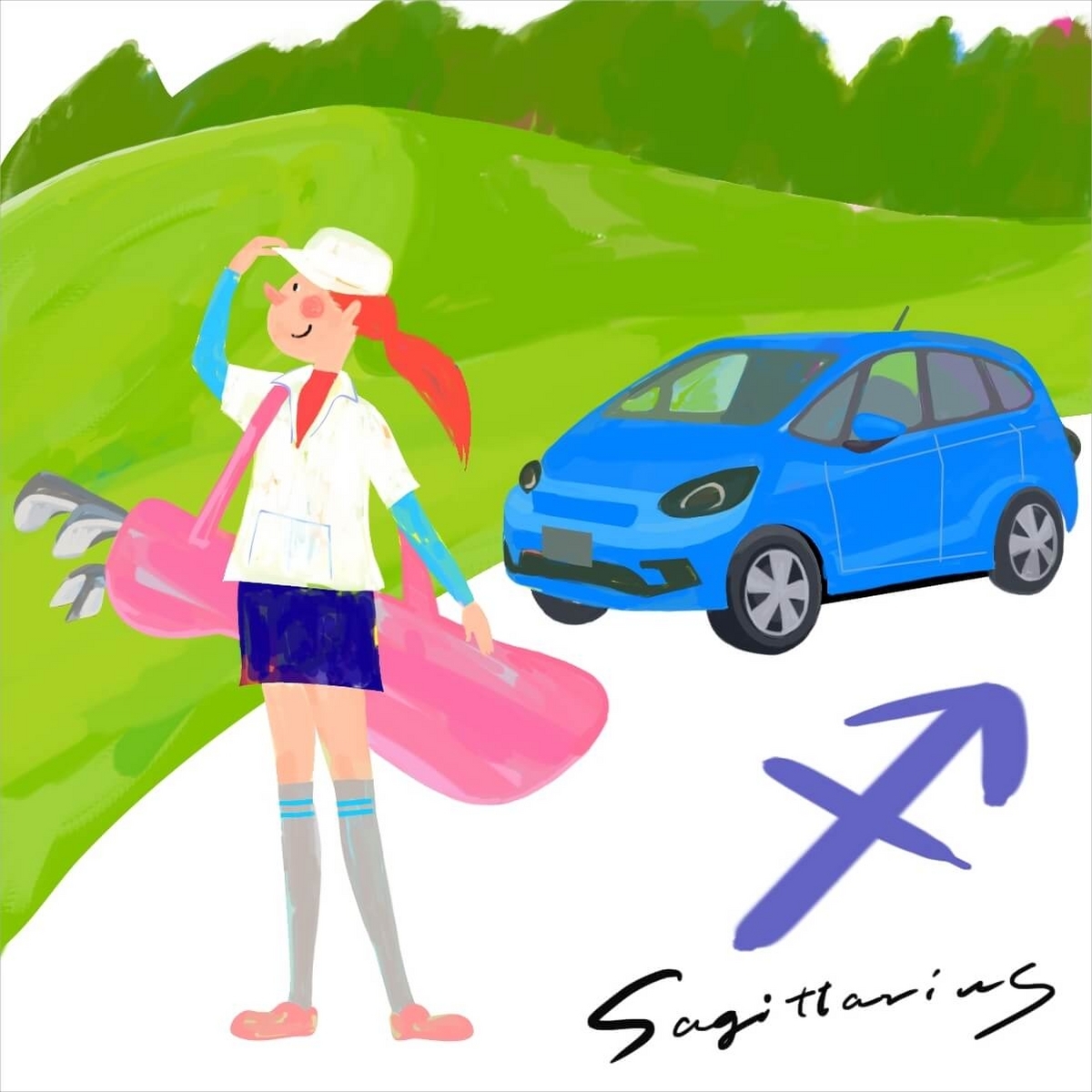 2025年7月の射手座の運勢、7月の射手座の占い。恋愛運、仕事運アップ。射手座のイラスト。車でゴルフ場に到着した女性。ゴルフ女子